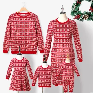 Christmas Family Matching Snowflake Print Cotton Long Sleeve Knit Tops and Dresses Sets #1193322