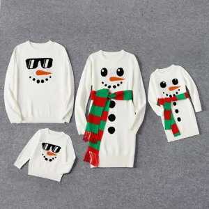 Christmas Family Matching Snowman Graphic White Knitted Belted Dresses and Tops Sets #1028531