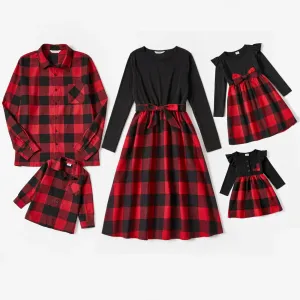 Family Matching Red Plaid Shirts and Black Long-Sleeve Splicing Red Plaid Dresses Sets #194285