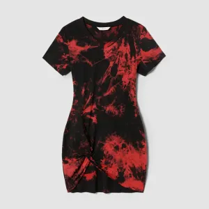 Family Matching 100% Cotton Short-sleeve Tie Dye Twist Knot Bodycon Dresses and T-shirts Sets #227926