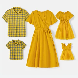 Family Matching 100% Cotton Yellow Plaid Shirts and Solid Surplice Neck Ruffle-sleeve Self Tie Dresses Sets #880029