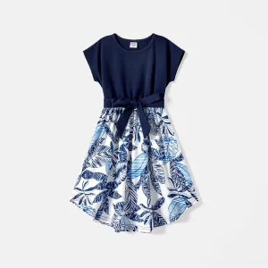 Family Matching 95% Cotton Allover Plant Print Short-sleeve Belted Spliced Dresses and T-shirts Sets #237207