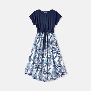 Family Matching 95% Cotton Allover Plant Print Short-sleeve Belted Spliced Dresses and T-shirts Sets #237213
