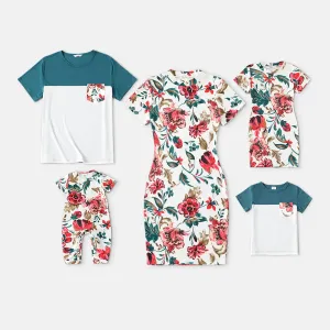 Family Matching 95% Cotton Colorblock T-shirts and Allover Floral Print Short-sleeve Bodycon Dresses Sets #233704