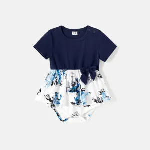 Family Matching 95% Cotton Dark Blue Short-sleeve T-shirts and Floral Print Spliced Dresses Sets #224965