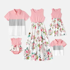 Family Matching 95% Cotton Short-sleeve Colorblock Polo Shirts and Floral Print Naiaâ¢ Spliced Tank Dresses Sets #224004