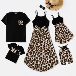 Family Matching 95% Cotton Short-sleeve T-shirts and Rib Knit Spliced Leopard Belted Cami Dresses Sets #203094