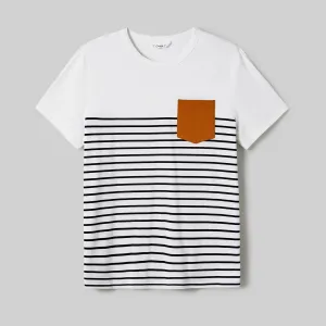 Family Matching 95% Cotton Stripe Asymmetrical Hem Short-sleeve Dresses and Stripe Panel T-shirts Sets #1053257