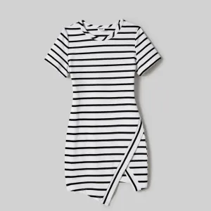 Family Matching 95% Cotton Stripe Asymmetrical Hem Short-sleeve Dresses and Stripe Panel T-shirts Sets #1224738