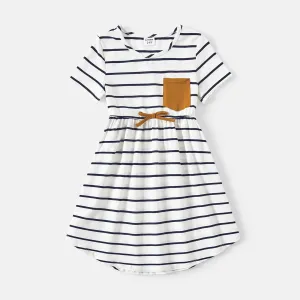 Family Matching 95% Cotton Striped Off Shoulder Belted Dresses and Short-sleeve Colorblock T-shirts Sets #868814