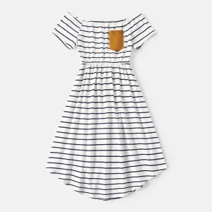 Family Matching 95% Cotton Striped Off Shoulder Belted Dresses and Short-sleeve Colorblock T-shirts Sets #868819