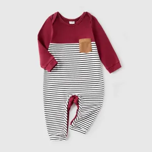 Family Matching 95% Cotton Striped Spliced T-shirts and Solid Surplice Neck Long-sleeve Dresses Sets #206557
