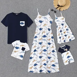 Family Matching All Over Dinosaur Print Spaghetti Strap Midi Dresses and Short-sleeve T-shirts Sets #769162
