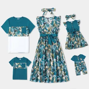 Family Matching All Over Floral Print Blue V Neck Ruffle Dresses and Short-sleeve Splicing T-shirts Sets #768418