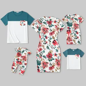 Family Matching All Over Floral Print Short-sleeve Bodycon Dresses and Colorblock T-shirts Sets #768731