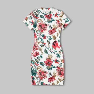 Family Matching All Over Floral Print Short-sleeve Bodycon Dresses and Colorblock T-shirts Sets #768733