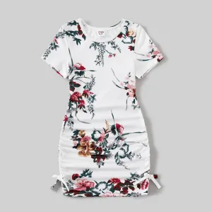 Family Matching All Over Floral Print Short-sleeve Drawstring Ruched Bodycon Dresses and Colorblock Short-sleeve T-shirts Sets #1058662