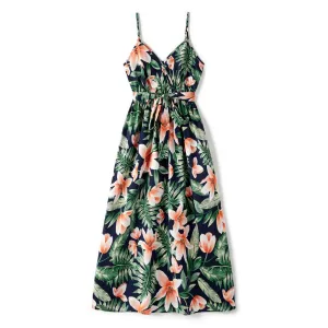 Family Matching All Over Floral Print V Neck Spaghetti Strap Midi Dresses and Splicing Short-sleeve T-shirts Sets #1183904
