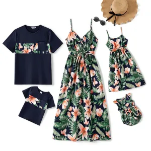 Family Matching All Over Floral Print V Neck Spaghetti Strap Midi Dresses and Splicing Short-sleeve T-shirts Sets #768597