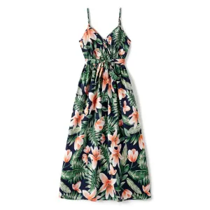 Family Matching All Over Floral Print V Neck Spaghetti Strap Midi Dresses and Splicing Short-sleeve T-shirts Sets #768604