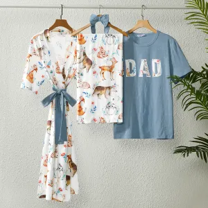 Family Matching Allover Animal Print Belted Robe and Swaddle Blanket or Cotton Letter Graphic Short-sleeve Tee Sets #912419