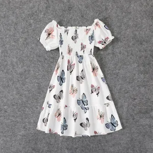 Family Matching Allover Butterfly Print Off Shoulder Puff-sleeve Shirred Dresses and Short-sleeve Denim Shirts Sets #201364