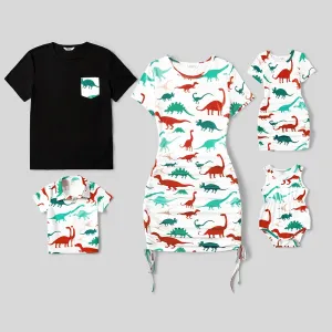 Family Matching Allover Colorful Dinosaur Print Drawstring Ruched Bodycon Dresses and Short-sleeve Tops Sets #780645