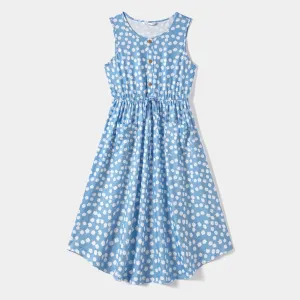 Family Matching Allover Daisy Print Curved Hem Drawstring Tank Dresses and Short-sleeve Solid/Stripe T-shirts Sets #1039267
