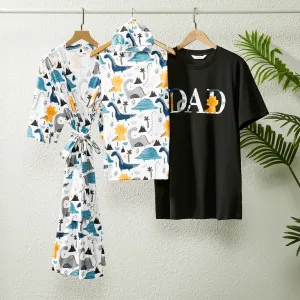 Family Matching Allover Dinosaur Print Belted Robe and Swaddle Blanket or Cotton Letter Graphic Short-sleeve Tee Sets #910047