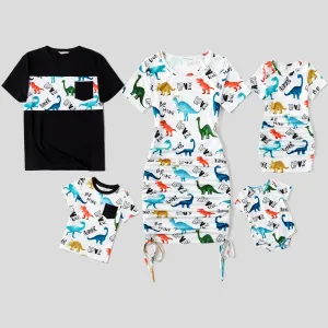 Family Matching Allover Dinosaur Print Drawstring Ruched Bodycon Dresses and Short-sleeve T-shirts Sets #229924