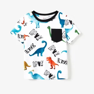 Family Matching Allover Dinosaur Print Drawstring Ruched Bodycon Dresses and Short-sleeve T-shirts Sets