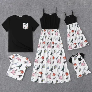 Family Matching Allover Dinosaur Print Spliced Black Cami Dresses and Short-sleeve T-shirts Sets #201190
