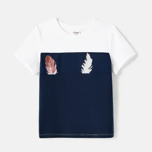 Family Matching Allover Feather Print Belted Cami Dresses and Short-sleeve Spliced Tee Sets