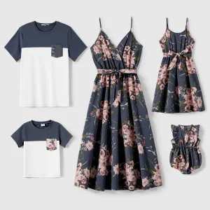 Family Matching Allover Floral Print Belted Cami Dresses and Short-sleeve Colorblock T-shirts Sets #879732