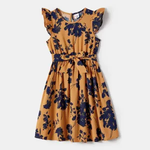 Family Matching Allover Floral Print Belted Dresses and Color Block Polo Neck T-shirts Sets #1048070