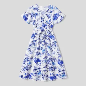 Family Matching Allover Floral Print Belted Short-sleeve Dresses and Shirts Sets #1052003