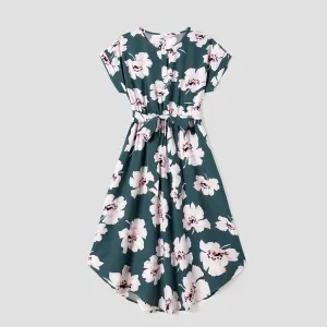 Family Matching Allover Floral Print Curved Hem Belted Dresses and Colorblock Striped T-shirts Sets #1052753