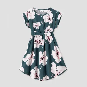 Family Matching Allover Floral Print Curved Hem Belted Dresses and Colorblock Striped T-shirts Sets #1052765