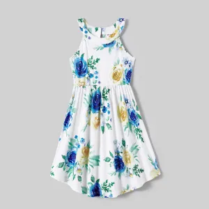 Family Matching Allover Floral Print Drawstring Waist Halter Neck Dresses and Color Block Short-sleeve T-shirts Sets #1051782