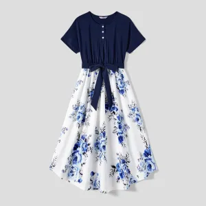 Family Matching Allover Floral Print  Dresses and Short-sleeve Colorblock T-shirts Sets #1057709