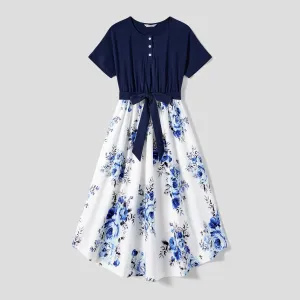 Family Matching Allover Floral Print  Dresses and Short-sleeve Colorblock T-shirts Sets #1161798