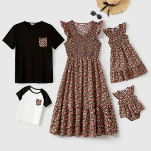 Family Matching Allover Floral Print Flutter-sleeve Dresses and Short-sleeve T-shirts Sets #908447