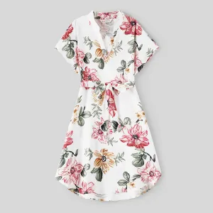 Family Matching Allover Floral Print Notched Neck Belted Dresses and Short-sleeve Colorblock T-shirts Sets #777177