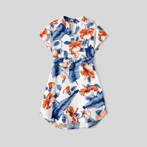 Family Matching Allover Floral Print Notched Neckline Belted Dresses and Cotton Colorblock Short-sleeve T-shirts Sets #1044268