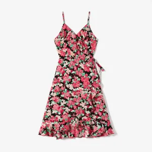 Family Matching Allover Floral Print Ruffled Wrap Knot Side Cami Dresses and Short-sleeve T-shirts Sets #1051181