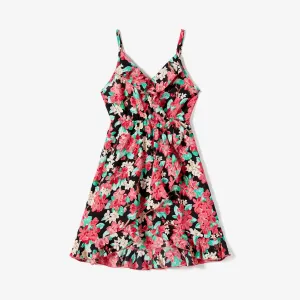 Family Matching Allover Floral Print Ruffled Wrap Knot Side Cami Dresses and Short-sleeve T-shirts Sets #1051189