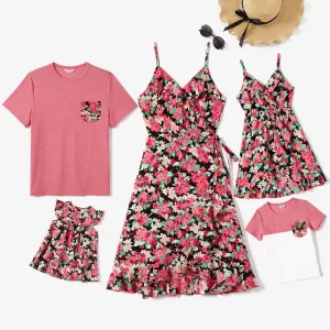 Family Matching Allover Floral Print Ruffled Wrap Knot Side Cami Dresses and Short-sleeve T-shirts Sets #1051197