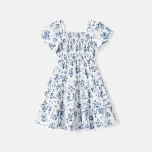 Family Matching Allover Floral Print Shirred Tiered Dresses and Short-sleeve Colorblock T-shirts Sets #765547