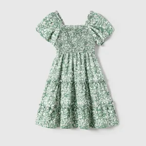 Family Matching Allover Floral Print Smocked Dresses and Colorblock Striped Cotton T-shirts Sets #1047466