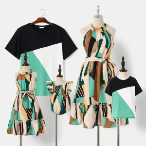 Family Matching Allover Geo Print Halter Neck Belted Dresses and Colorblock Short-sleeve T-shirts Sets #769344